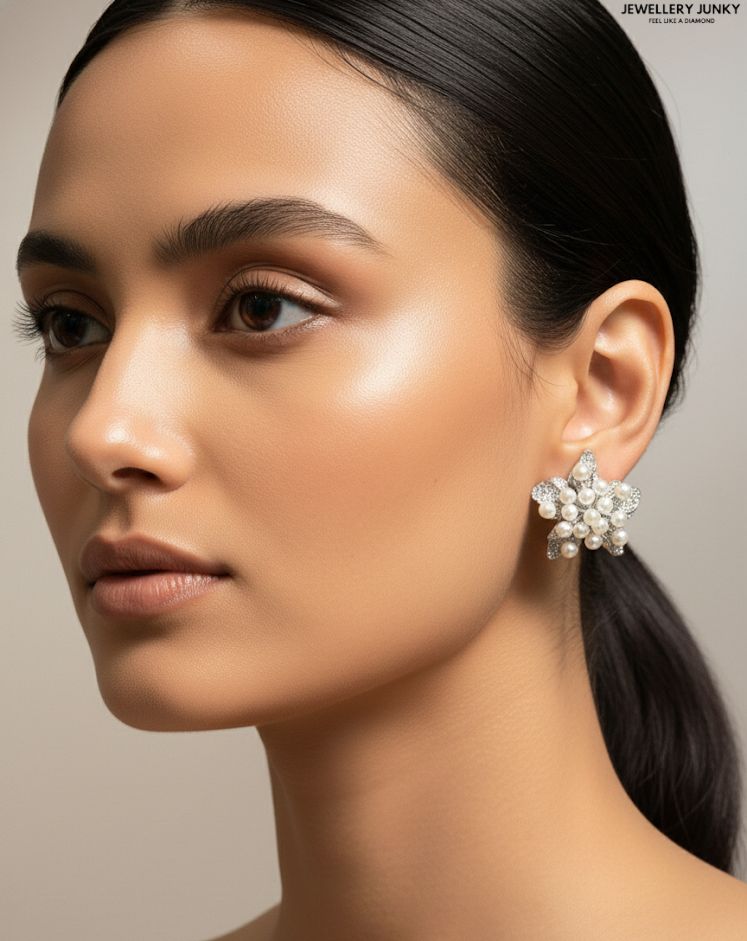 FICTIONAL PEARL FLOWER DIAMOND STUD E-1005